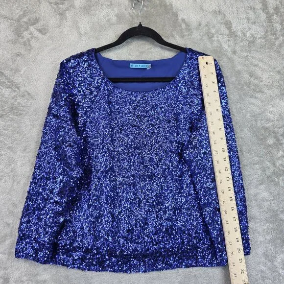 alice + olivia Shirt Womens Small Blue Sequin Silk Long Sleeve Top Party Dressy